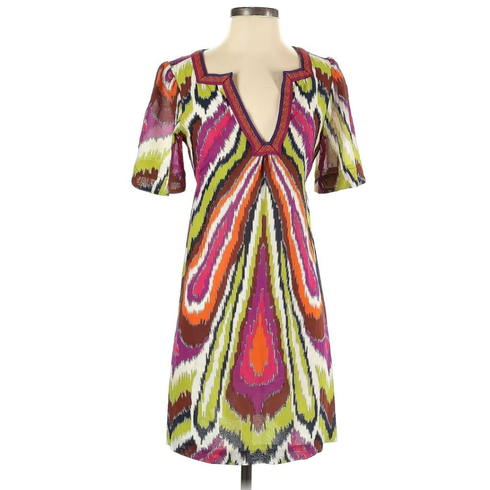 Trina Turk Los Angeles Silk Ikat Print Dress Multicolor Tie Waist Size 2 - Picture 3 of 6